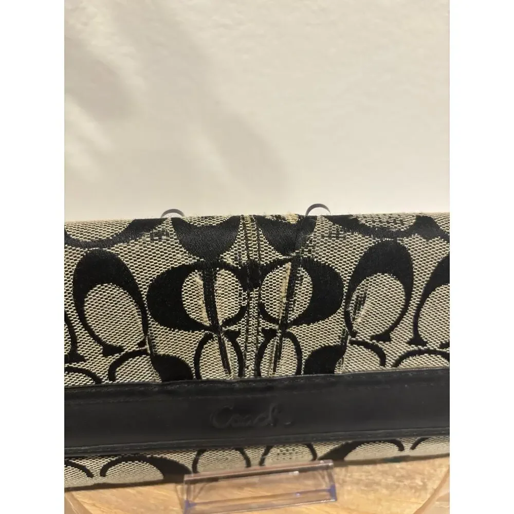 Coach Signature Black & Khaki Jacquard Trifold Wallet Checkbook Organizer